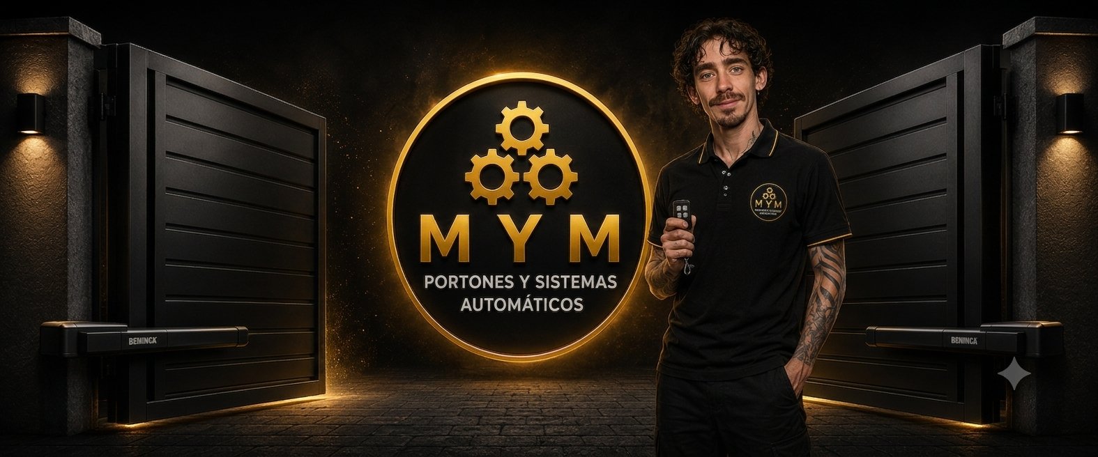 Equipo de Portones M&M con portones eléctricos negros y control remoto